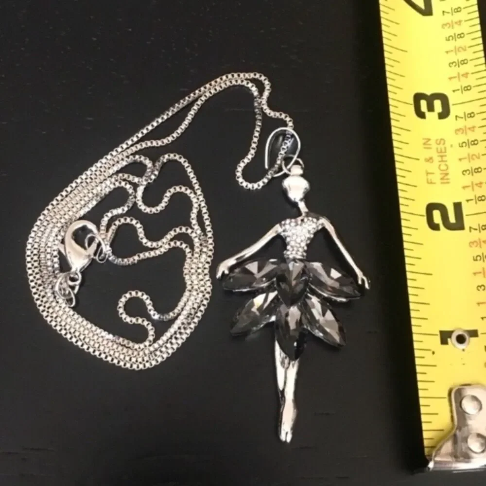 Crystal Ballerina Dancer Long Pendant Necklace Tutu Ballet